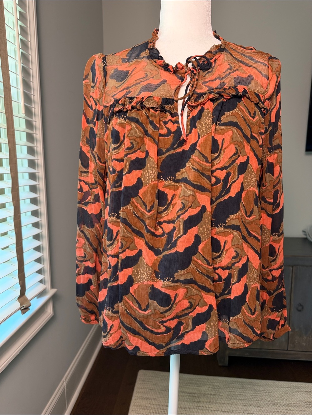 Cleobella Orange Multi Ruffled Tie-Neck Blouse. Size Small. Like New.